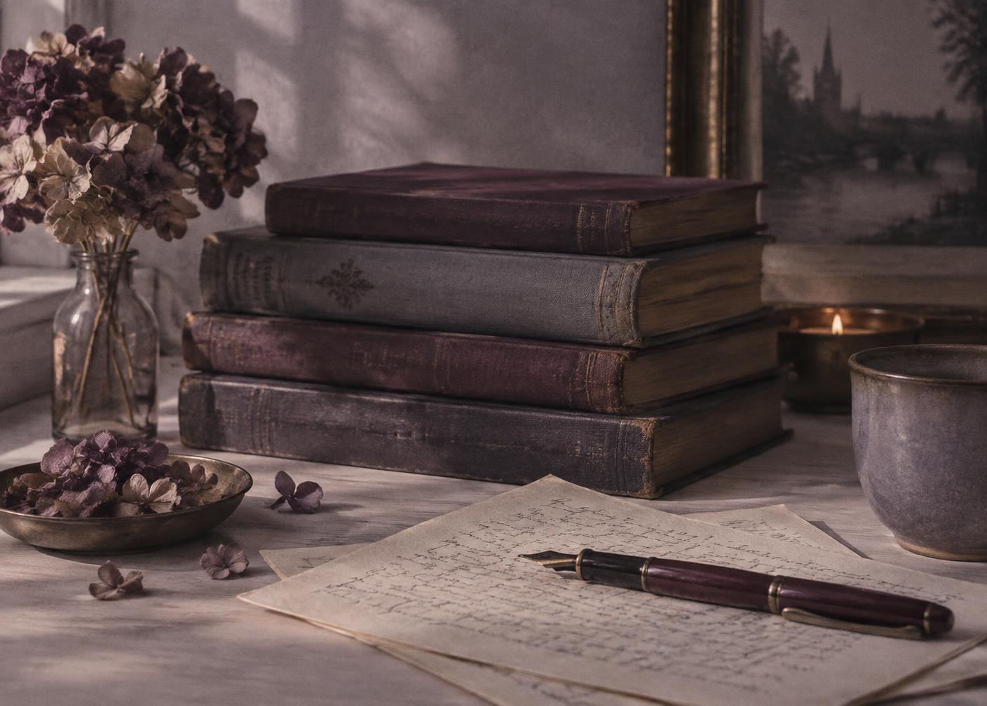 Books and reading glasses arranged on a quiet table